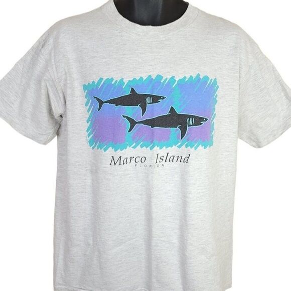Sharks T Shirt Vintage 90s Marco Island Florida Shark Attack Made In USA Mens - Picture 1 of 7